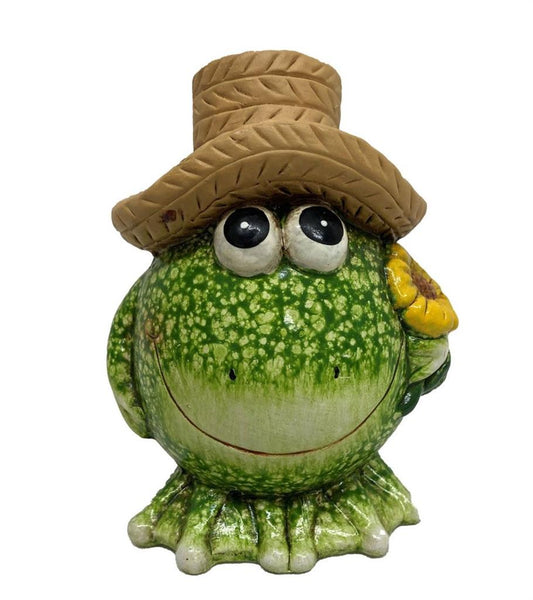 Deko Frosch 
mit Hut und Blume 
9.1 x 8.1 x12cm