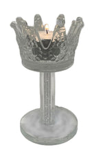 Teelichthalter Krone aus Glas 
gefüllt mit Strass 
D8cm H13cm 
für Teelichter