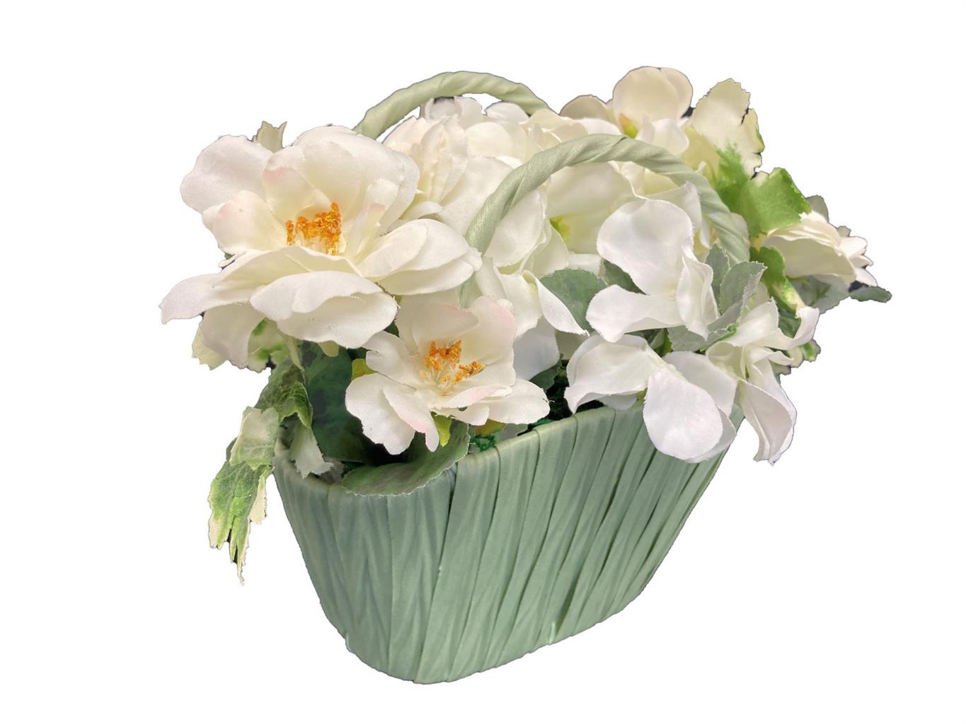 Deko Blumengesteck im 
grünen Topf mit Henkeln 
Kunstblumen