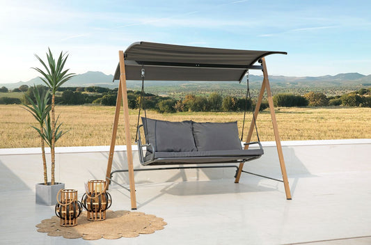 Hollywood Garten Schaukel mit Stahlrahmen in Holzfinish Kissen und Top in Dunkelgrau