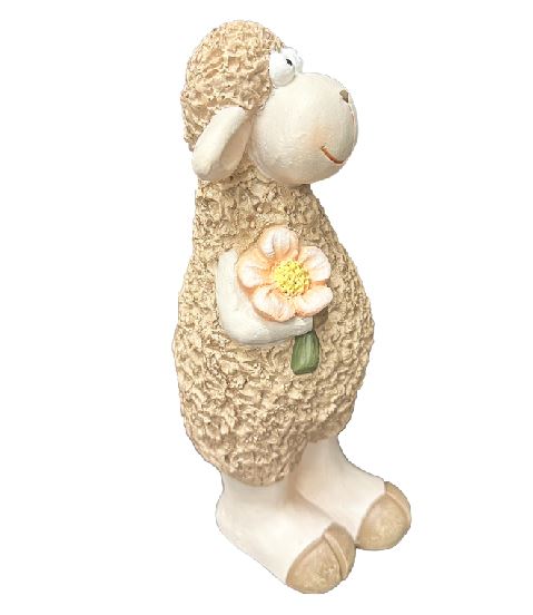 Dekofigur Schaf stehend braun mit Blume im Arm