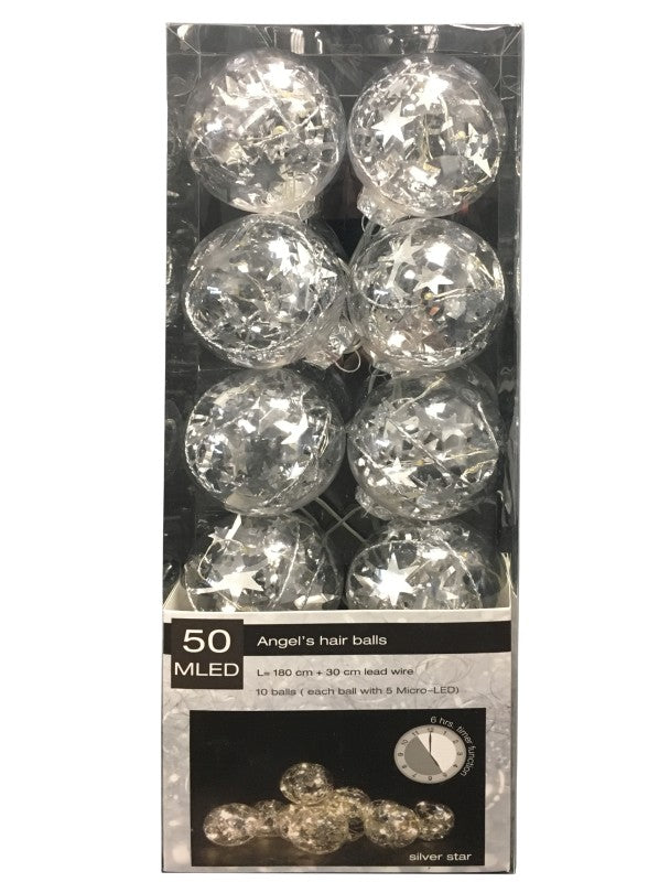 LED Lichterkette transparent Silber mit Stern Effekt L: 180cm - 10 Kugeln mit je 5 LED