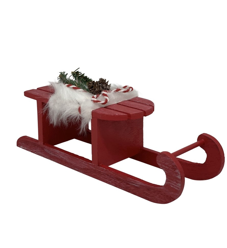 Schlitten aus Holz mit Fell und Weihnachts-Deko Farbe: Rot
