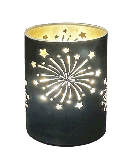 LED Windlicht aus Glas mit Feuerwerk Motiv mit 10 LED