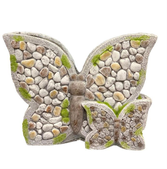 Pflanzentopf Schmetterling 
Polyresin mit Stein-Design 
L:43cm B:21cm H:31.5cm