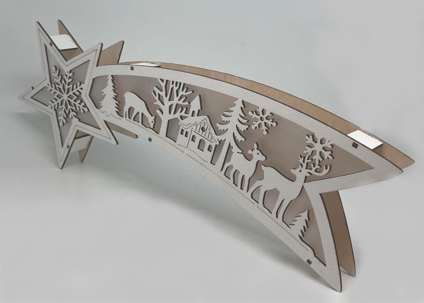 LED Xmas Meteor aus Holz 
mit Hologrammfolie 7 LED 
L3cm x H15cm x B38.8cm