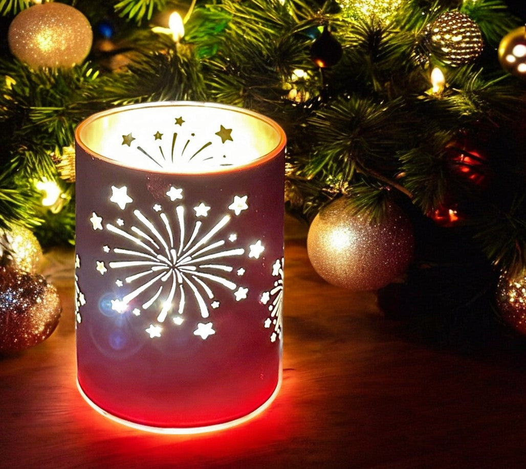LED Windlicht aus Glas mit Feuerwerk Motiv mit 10 LED