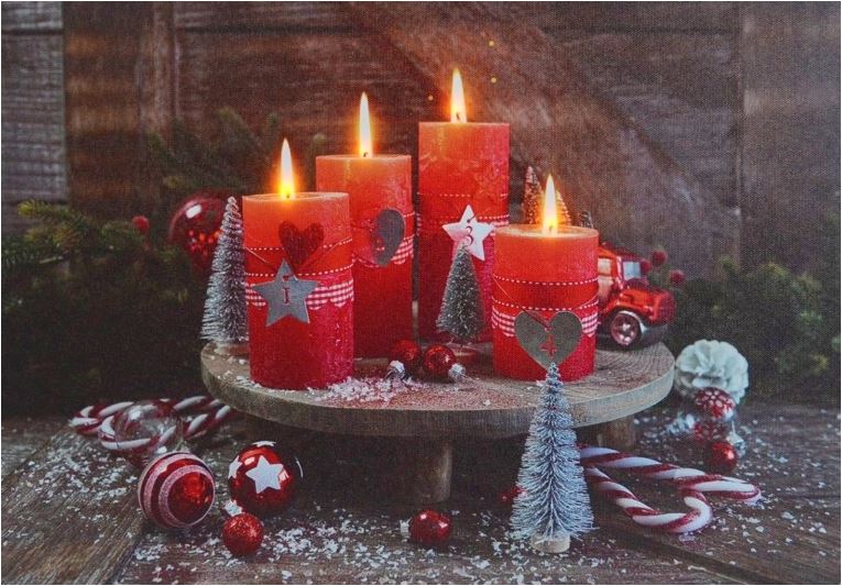 LED Bild aus Canvas 4 LED
Motiv: 4 Kerzen rot
B:40cm H:30cm T:1.8cm