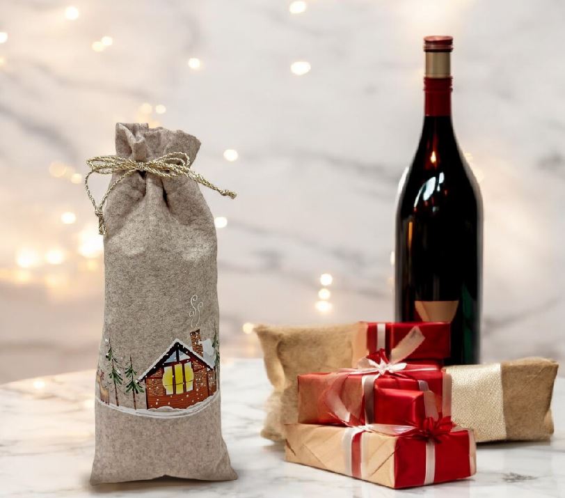Weinflaschenbeutel Xmas aus Filz in Grau mit Weihnachtsmotiv H31cm