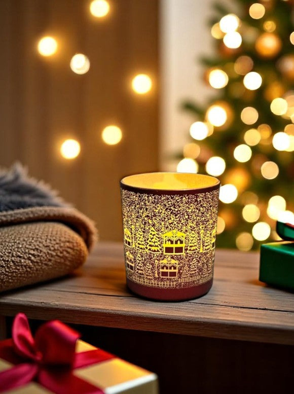 Windlicht aus Glas Bergdorfmotiv rot weiss