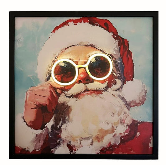 LED Bild Pop Art Santa mit Neon Brille mit Holzrahmen (MDF)