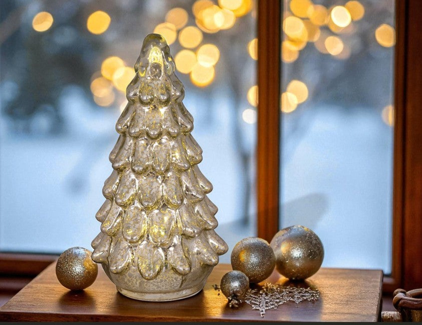 LED Tannenbaum Silber aus Glas - 15 LED H: 26cm D: 13.5cm