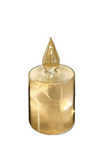 LED Glas Deko als Kerze transparent gold mit 10 LED Sternenmotive 3D