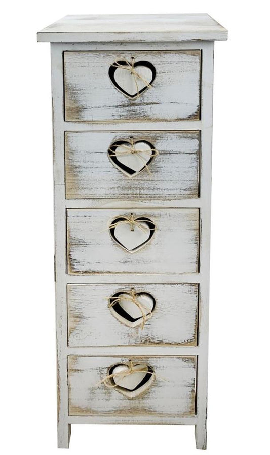 Kommode aus Holz "Herz" mit 5 Schubladen Grösse: 25x25x75cm shabby chic