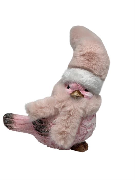 Deko Vogel aus Magnesia 
Schal und Weihnachtsmütze 
Farbe: Pink 
L: 15.5cm B:9cm H:13cm
