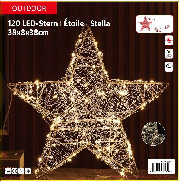 LED Stern Outdoor Metall mit 120 LED Farbe: Silber D: 38cm - T:8cm