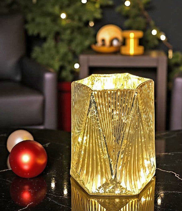 Windlicht 6 eckig Glas 
matt weiss Innen gold 
D11.5cm x H13.5cm