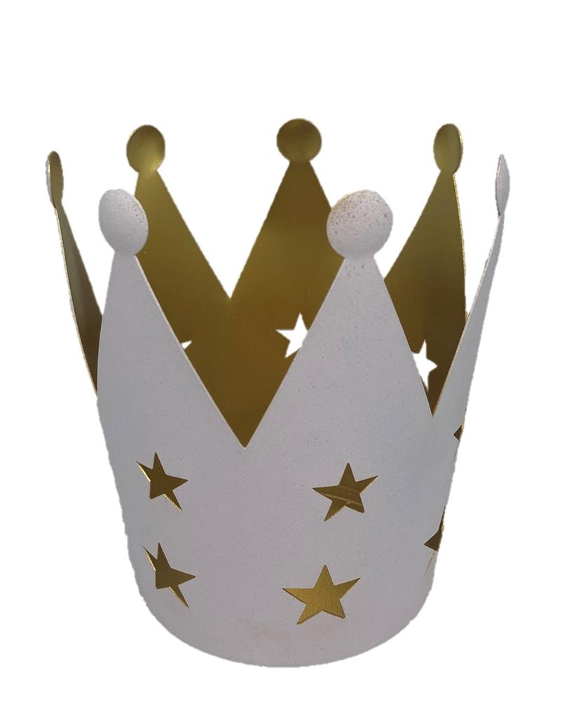 Kerzenhalter Krone aus Metall 
Farbe: aussen weiss - innen gold 
H12cm D11cm