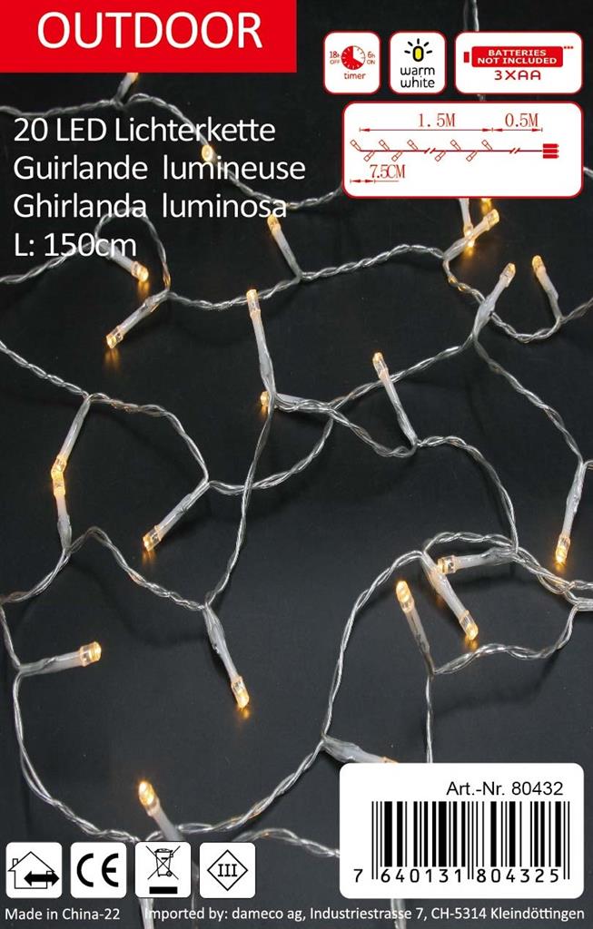 LED Outdoor Lichterkette 20 LED warm weisses Licht Länge 1.5m