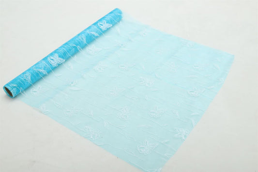 Dekostoff "Organza" gerolltund geschnitten blau Schmetterlingsdruck
Grösse: 36cm x 300cm
