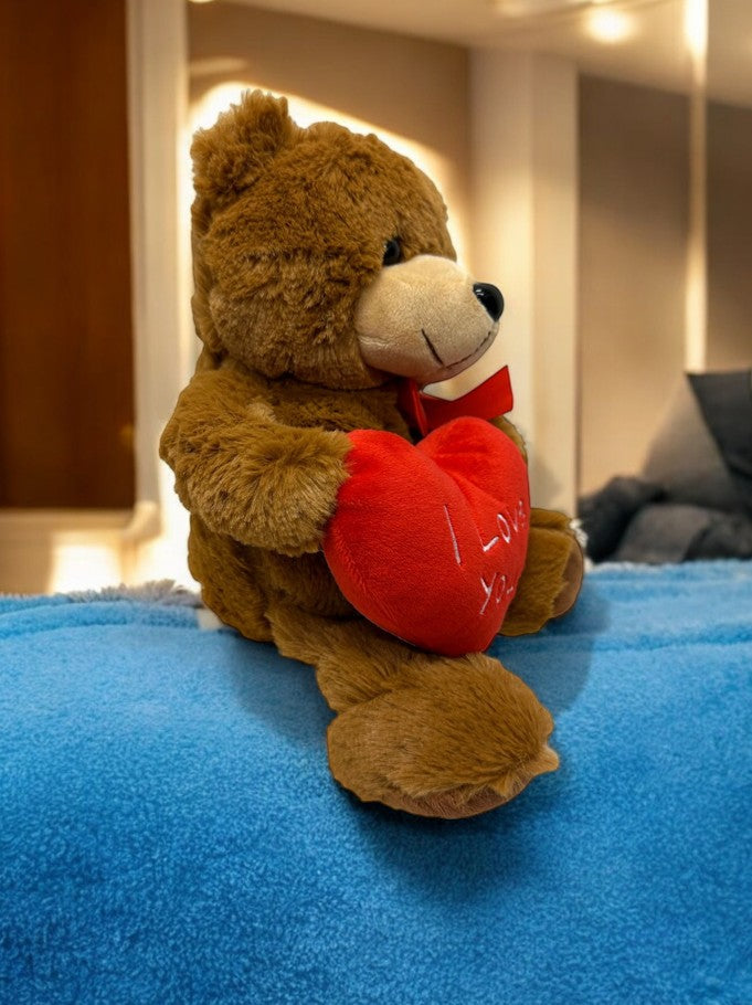 Plüschbär sitzend braun mit rotem Herzkissen I love you Grösse 22x16x20cm