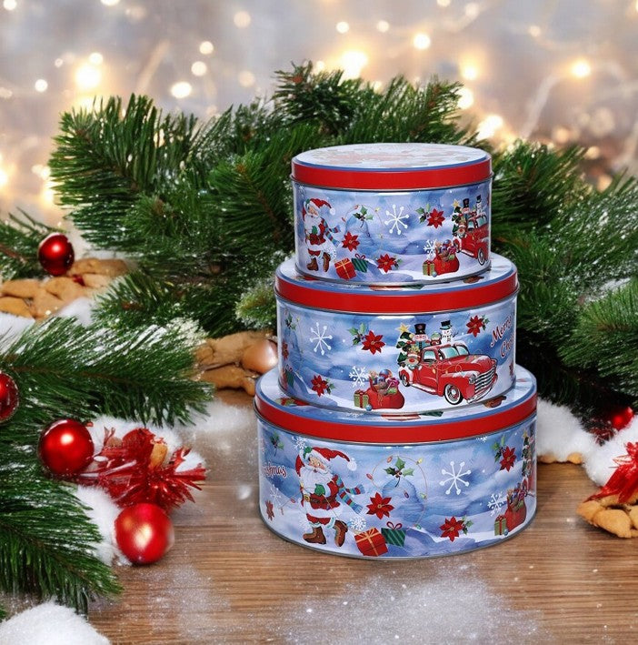 Guetzlidosen 3er Set rund mit XMAS Motiv Santa und Auto Weissblech