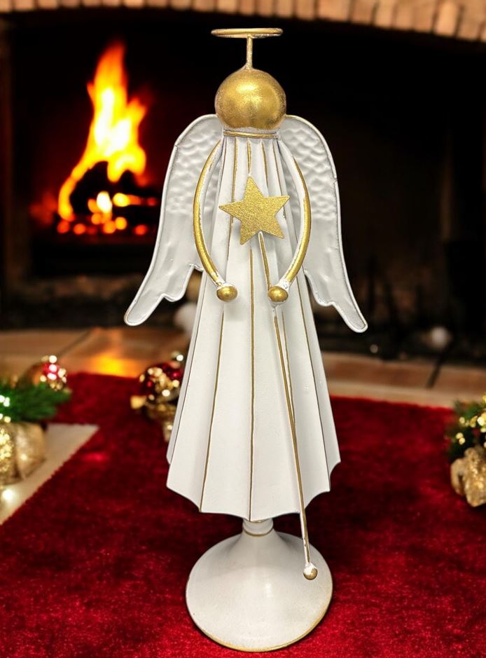 Deko Engel aus Metall mit Stern altweiss gold H55.5cm