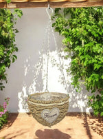 Pflanzkorb rund aus 
Seegras Geflecht 
zum Hängen mit 
Metallrahmen und Kette