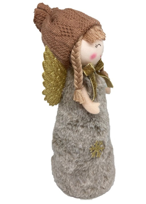 Deko Engel stehend grau 
Grösse: 8x7x21cm
mit brauner Strickmütze