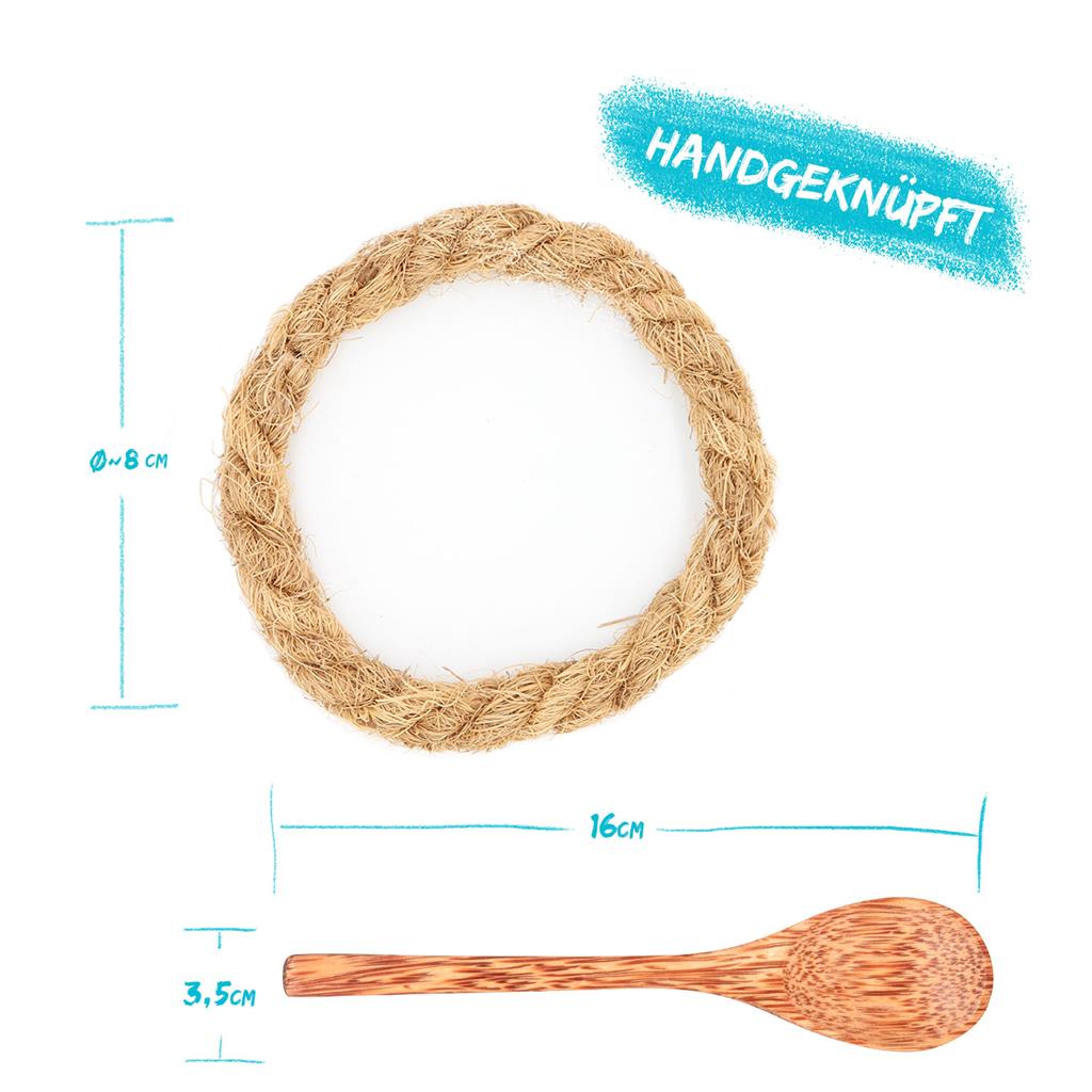 Kokosnuss Schalen 2er Set 2 Löffel plus 2 handgeknüpfte Schalenhalter