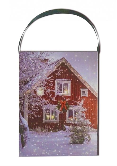 Tableau LED en toile à suspendre
 Motifs : paysage hivernal maison rouge
 3 LED