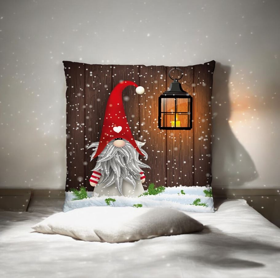 LED Kissen mit Reisverschluss 
und 1 LED 
Motiv: Wichtel und Laterne 
Grösse: 40cmx40cm