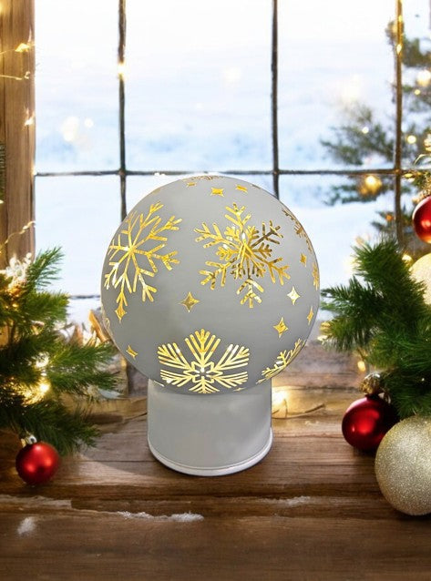 LED Glas Deko Kugel silber mit Rotation mit 15 LED Schneeflocken Motive