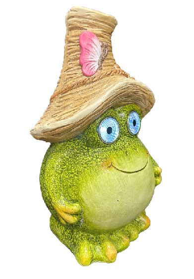 LED Solar Figur Frosch grün mit Hut und rotem Schmetterling
