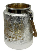 Windlicht aus Glas mit Hanfseil Henkel Bergdorfmotiv silber H14.5