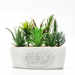 Kunstblume Sukkulenten im Beton Topf  "Welcome" 
H: 16cm B: 20cm T: 11cm