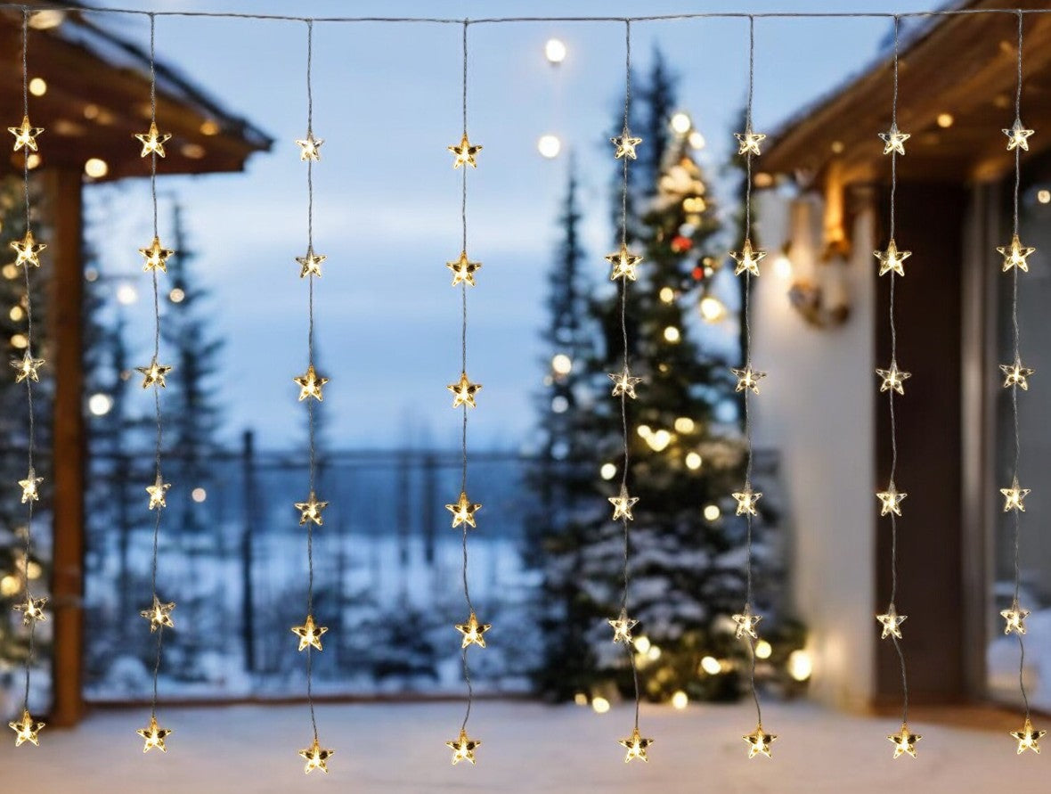 LED Lichtervorhang Outdoor 
mit Sternen 48 LED
B:175cm H:120cm
Warm weisses Licht