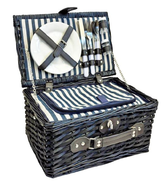 Picknick Korb für 2 Personen dunkelbraun blau gestreifte Kühltasche