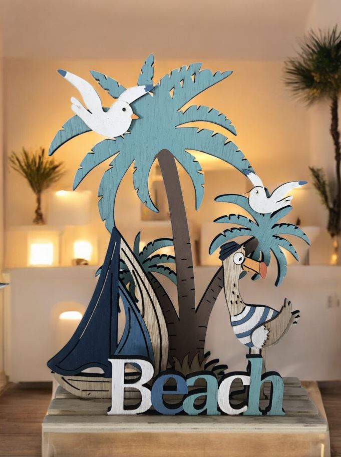 Deko Maritim Beach aus Holz
mit Segelboot
Farbe: Weiss/Blau
L:16.5cm B:5cm H:23cm