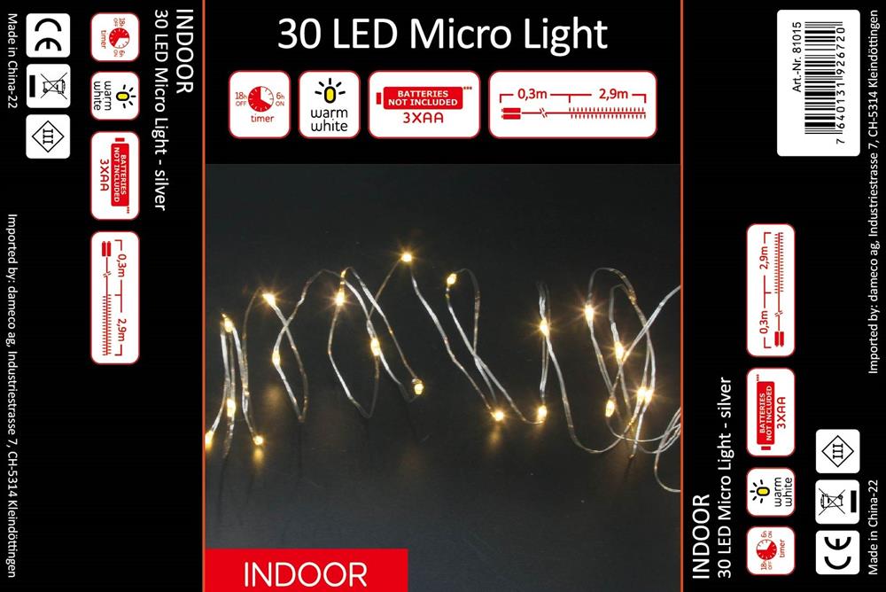 Guirlande lumineuse micro fil LED 30 LED
 L: 290 cm
 fil d'argent