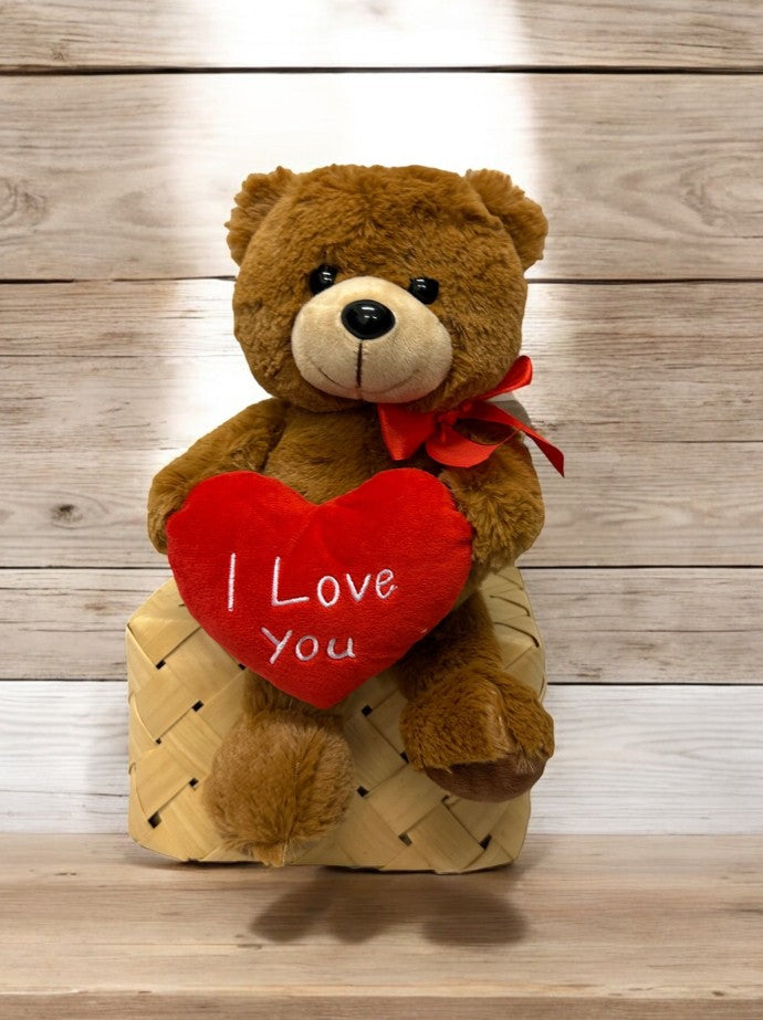 Plüschbär sitzend braun mit rotem Herzkissen I love you Grösse 22x16x20cm