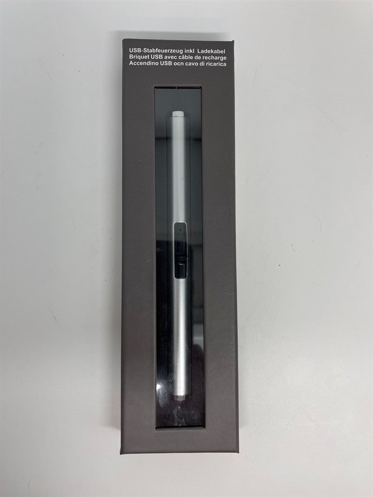 Lichtbogen USB-Stabfeuerzeug rund Farbe: Silber in Geschenkbox und Display