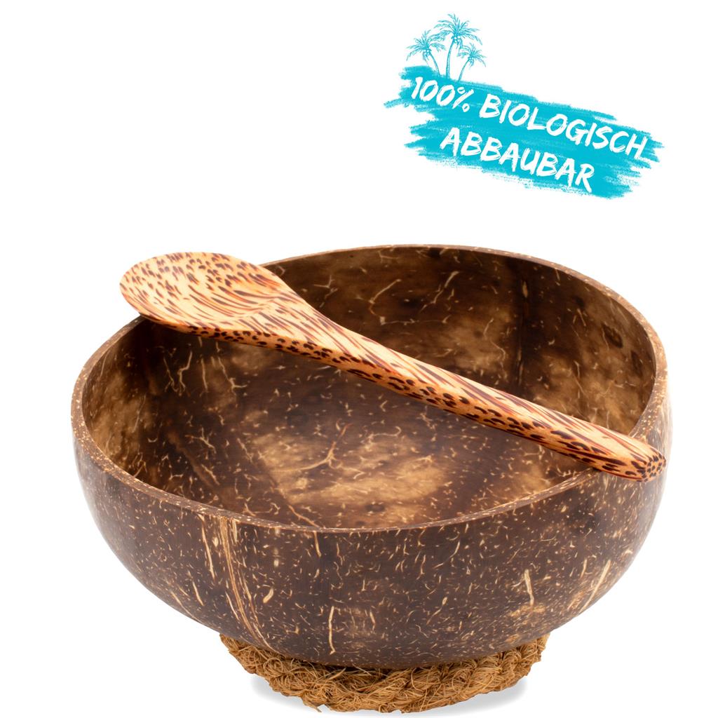 Kokosnuss Schalen 2er Set 2 Löffel plus 2 handgeknüpfte Schalenhalter