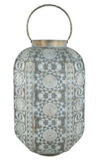 Laterne aus Metall Antik 
mit Glaseinsatz 
Farbe: antik Grau/Gold 
D:30cm H:55.5cm
