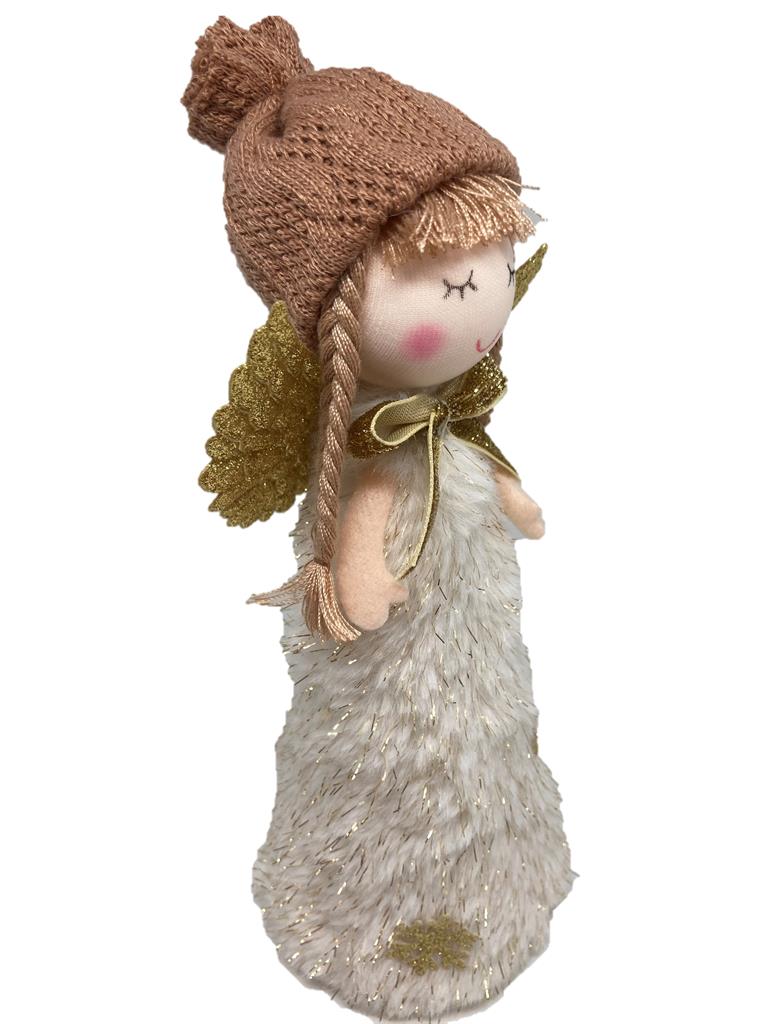 Deko Engel stehend weiss 
Grösse: 8x7x21cm
mit brauner Strickmütze