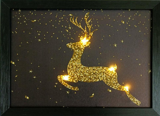 LED Bild aus Canvas 4 LED
mit Holzrahmen
Motiv: Hirsch in Gold mit Sternen