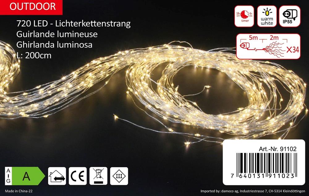 Guirlande lumineuse d'extérieur à LED
 720 LED - L : fil argenté 200cm
 Lumière blanche et chaude