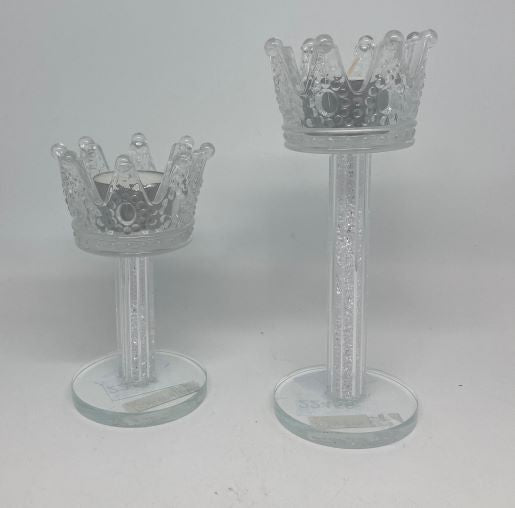 Teelichthalter Krone aus Glas 
gefüllt mit Strass 
D8cm H18cm
für Teelichter