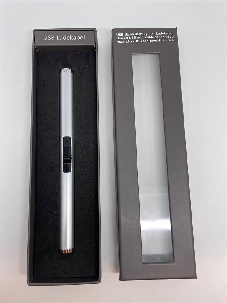 Lichtbogen USB-Stabfeuerzeug rund Farbe: Silber in Geschenkbox