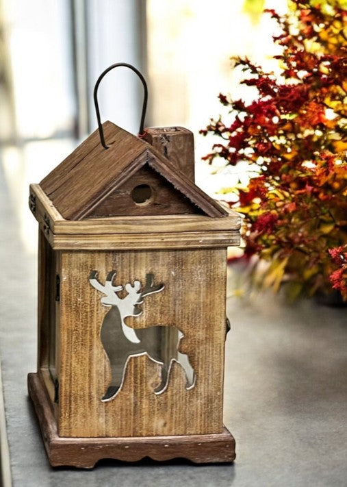 Laterne Haus aus Holz mit Hirsch Design mit Metalldach Farbe: Braun